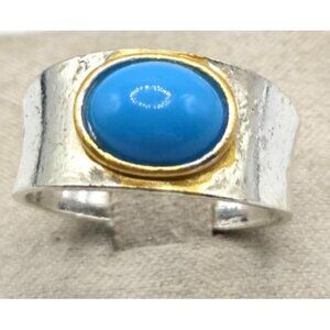 Silver Tone Ring With Bezel Set Blue Stone & Gold Tone Accent - Size 9